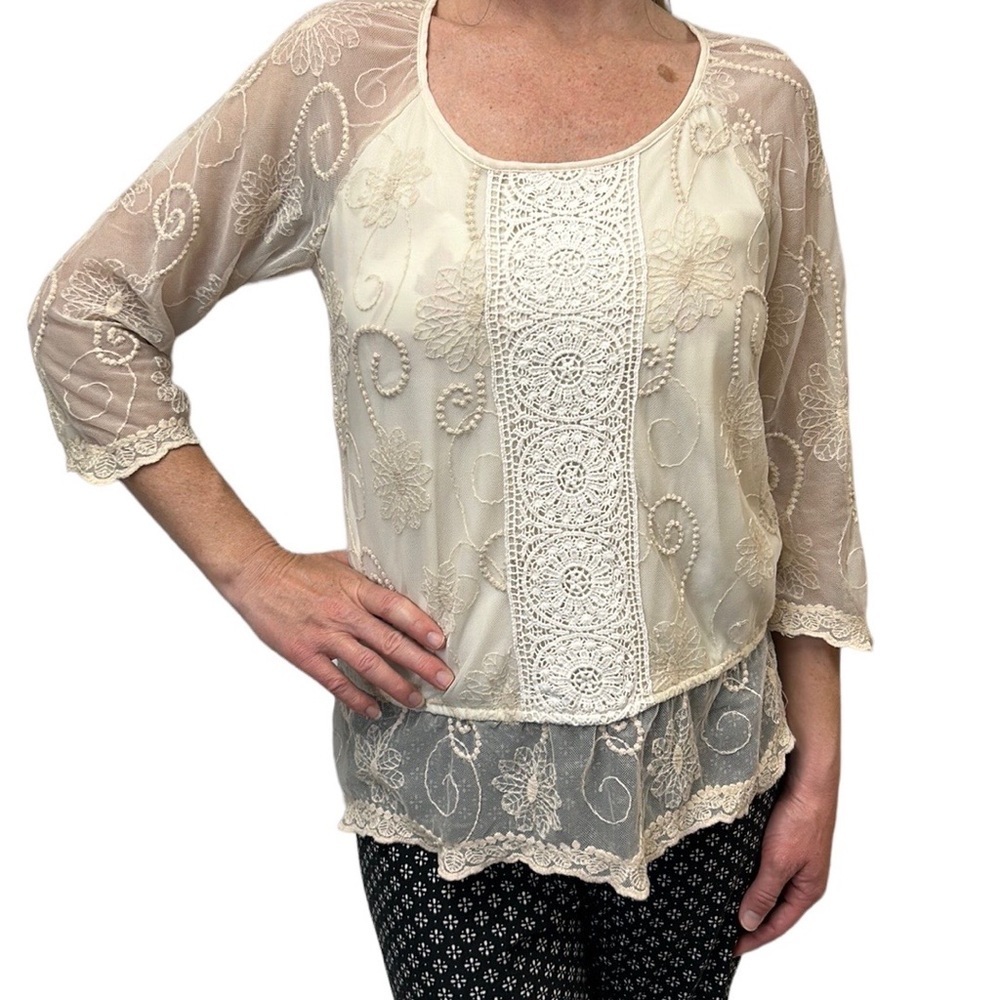 Vintage Dressbarn | Sheer Embroidered Blouse Geometric Boho Shabby Chic‎ S